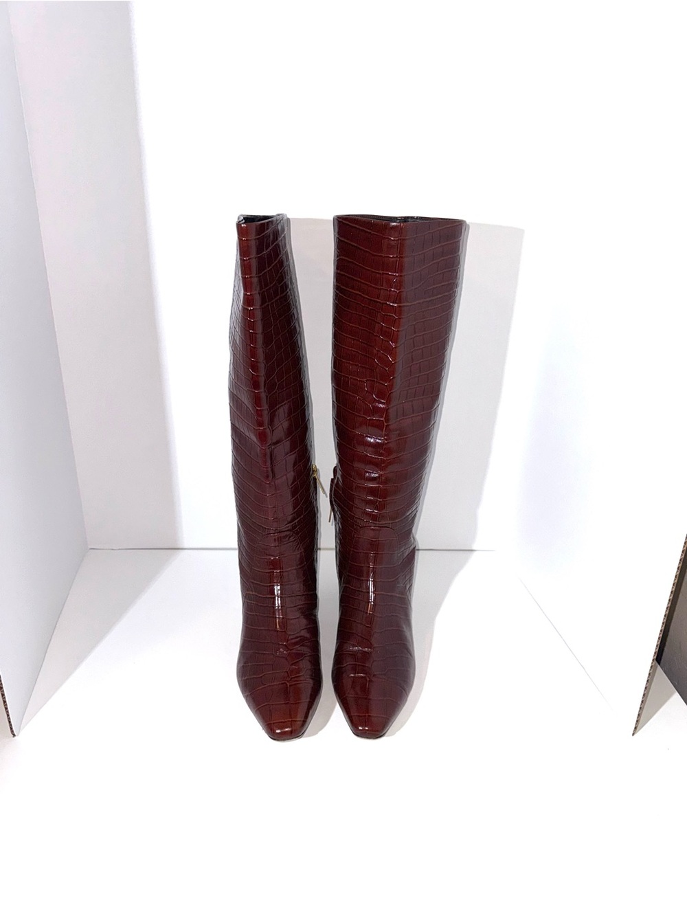 Veronica Beard Cecile Croc Embossed Leather Knee Boots - Picture 3 of 6